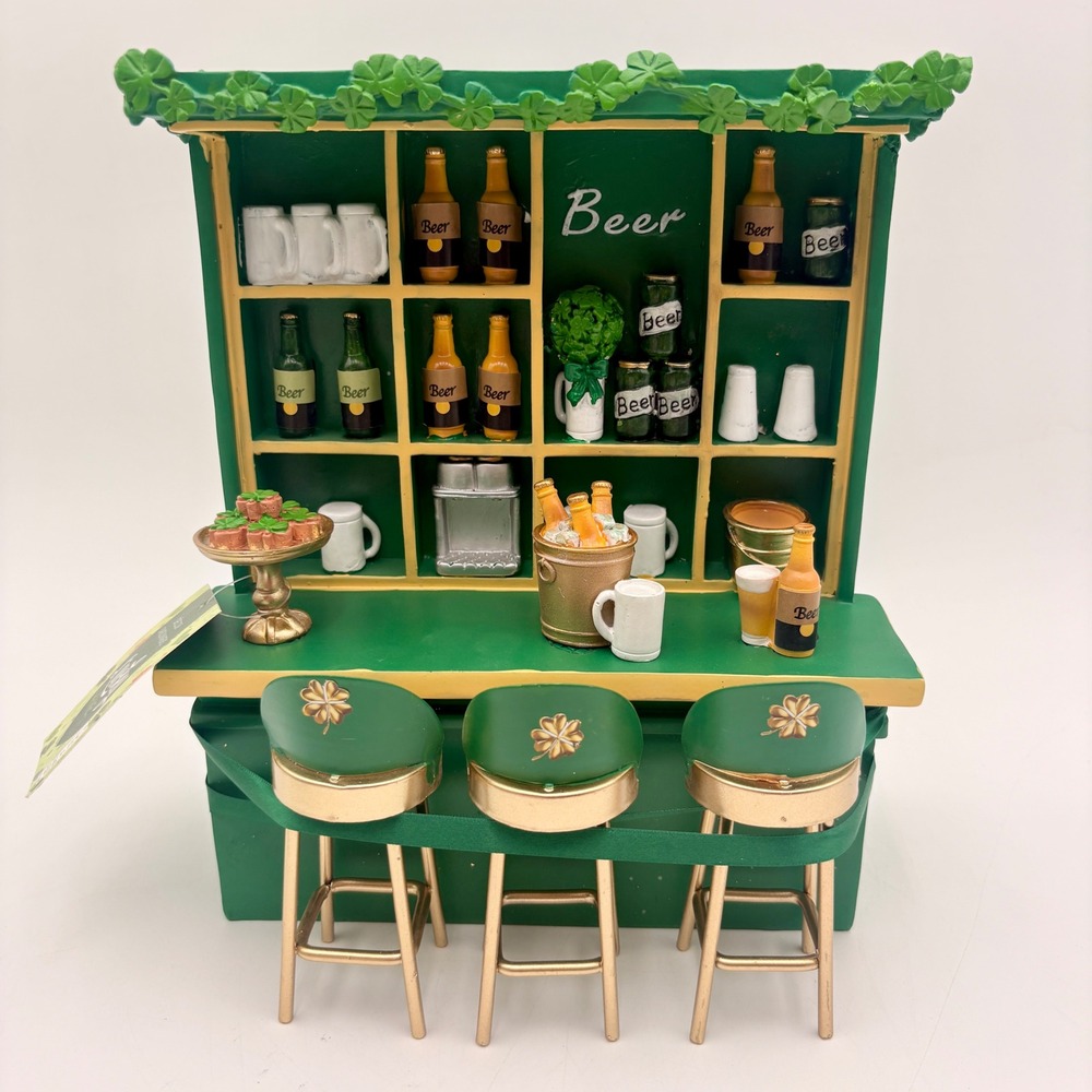 Lucky Lane St Patricks Day Miniature Bar and Stools Green Clover Decor